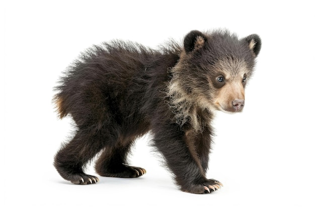 A cute Tian Shan bear cub with white claws on a white background