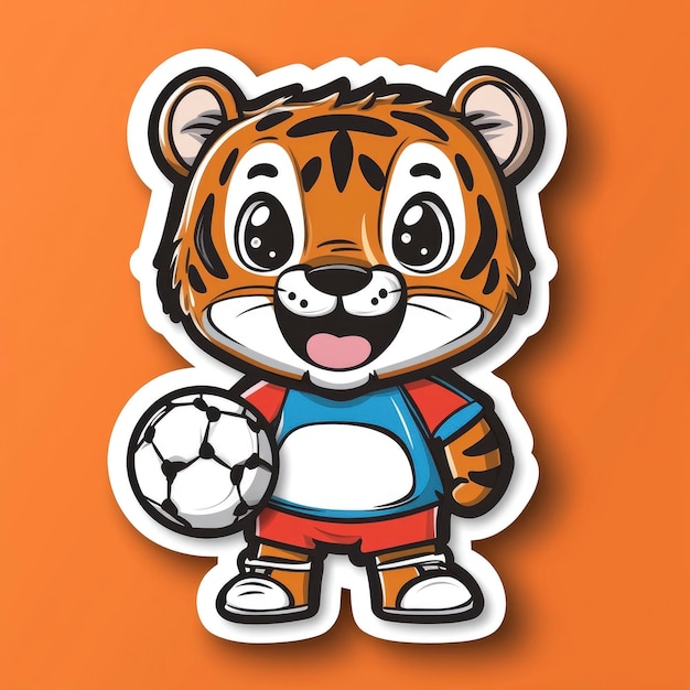 Photo cute tiger cartoon mascot holding soccer ball