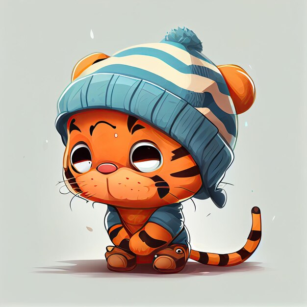 Cute tiger comic wearing a beanie with sweater and hut