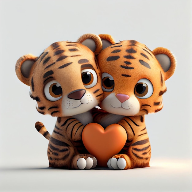 Cute tiger couple in love with hearts valentine animals 3d render illustration