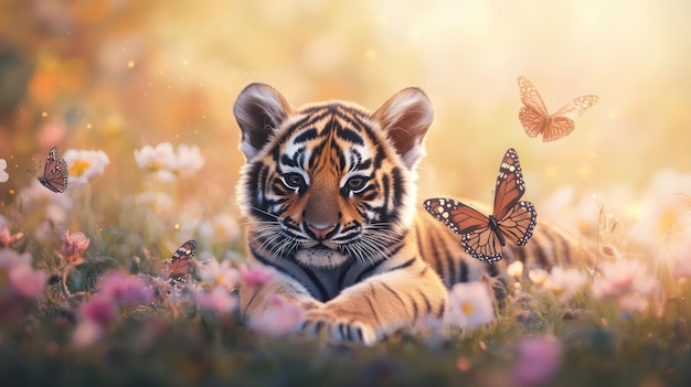 Cute Tiger Cub in a Field of Flowers