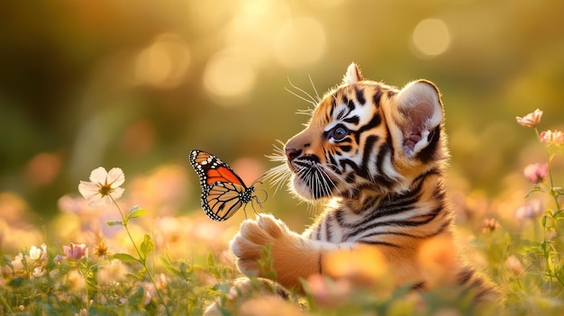 A Cute Tiger Cub Looking at a Butterfly