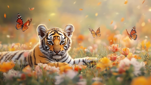 Cute Tiger Cub in a Meadow of Flowers