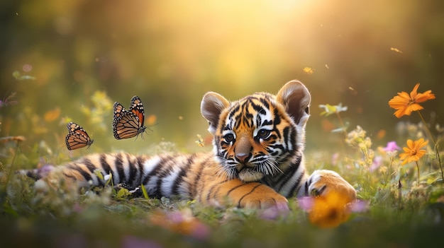 Cute Tiger Cub in a Meadow