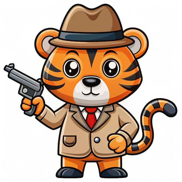 Cute Tiger Detective Holding Gun Pistol Cartoon Vector Icon Illustration Animal Holiday Icon Concept Isolated Premium Vector Flat Cartoon Style