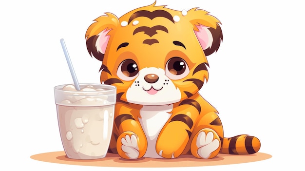 Cute tiger drinking boba milk tea with sausage cartoon vector icon illustration animal drink flat