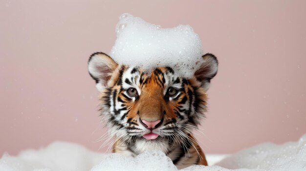 A cute tiger sits in a bathtub with plenty of foam on his head