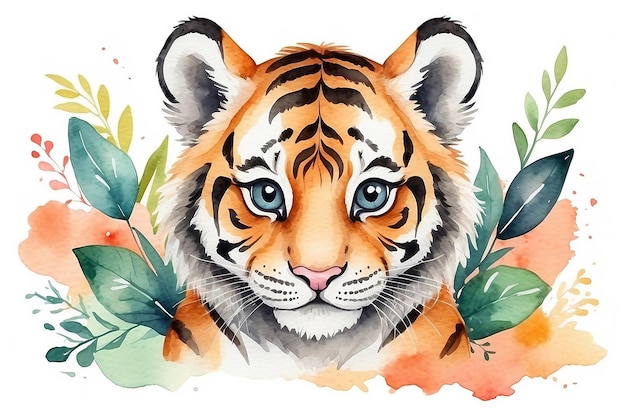 Photo cute tiger watercolor illustration for baby and kids with isolated background