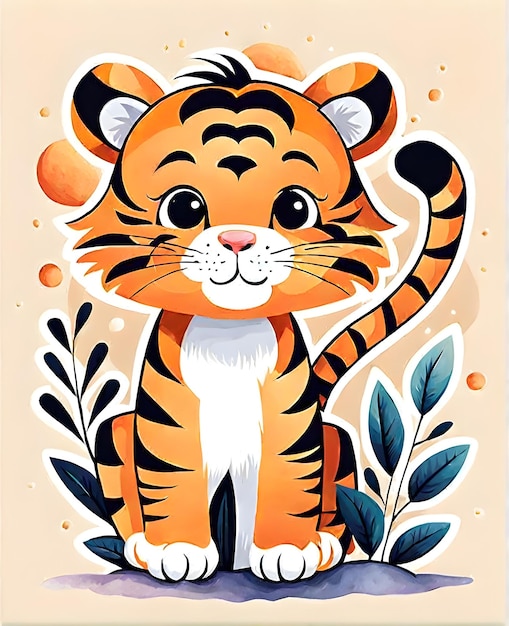 cute tiger with minimal nature background water color