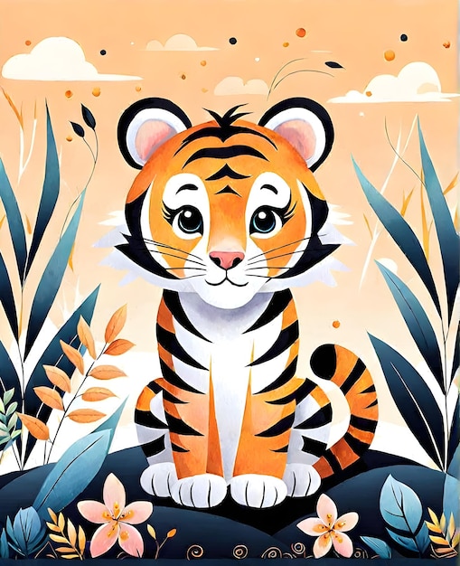 cute tiger with minimal nature background water color