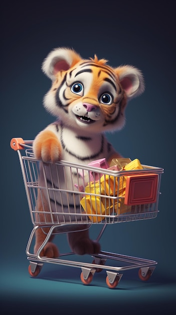 Cute tiger with shopping cart