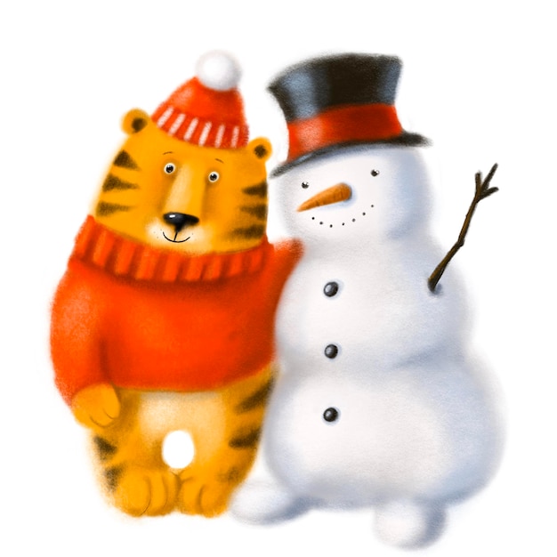 Cute tiger with snowman warm winter hugs children's illustration with cartoon characters