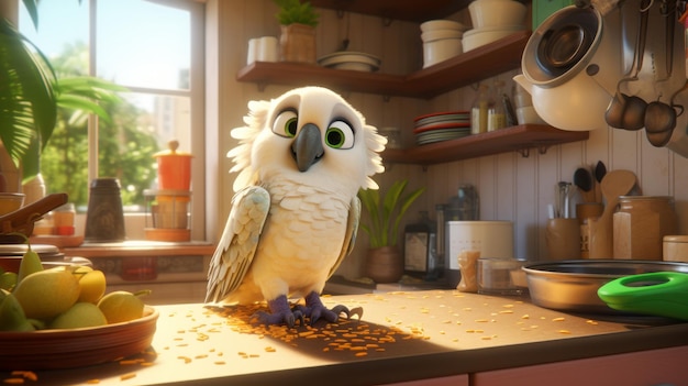 Cute Tinkerbell Parrot In Pixar Kitchen Photorealistic Rendering