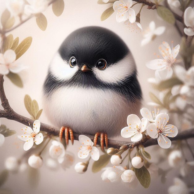 Cute Tiny Bird with Black and White Soft White Scene