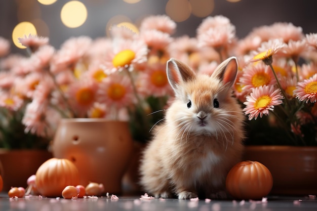 cute tiny bunny rabbit delicate flowers dreamy style ethereal light eggs easter