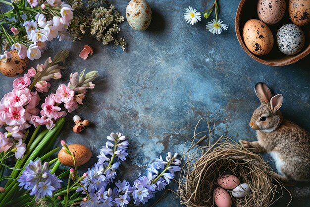 cute tiny bunny rabbits delicate flowers dreamy style ethereal light easter top view blue background