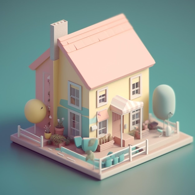 Cute tiny isometric two storey house with terrace with Generative AI