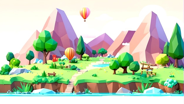 Cute tiny low poly country landscape with trees