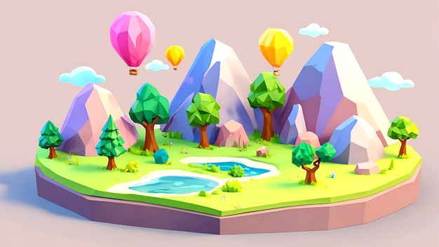 Cute tiny low poly country landscape with trees