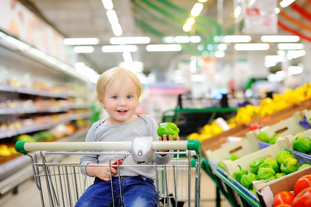 Cute toddler boy sitting in the shopping cart in a food store or a supermarket