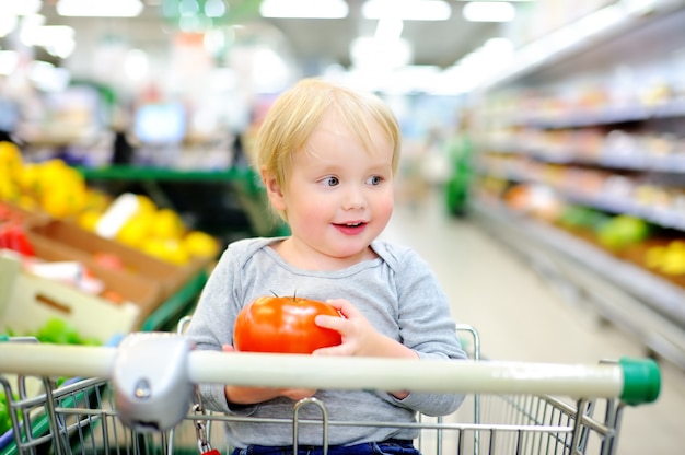 Cute toddler boy sitting in the shopping cart in a food store or a supermarket