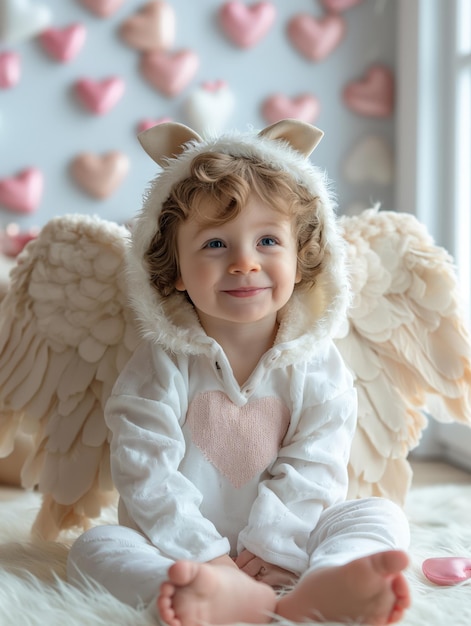 Photo cute toddler dressed as angel with curly hair and heart background