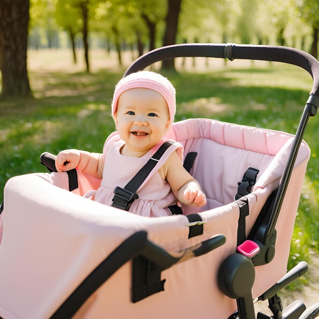 Photo cute toddler newborn female girl child or kid smiling in the stroller baby carriage in sunny