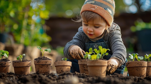 Photo cute toddler planting flowers in garden