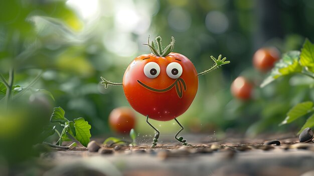 Photo cute tomato character in a garden