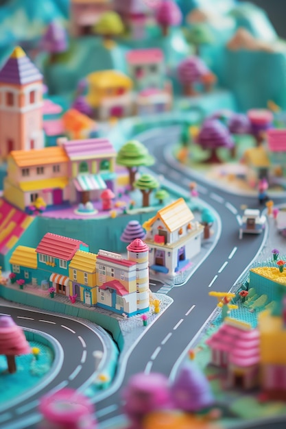 Photo a cute town with windy roads made out of brick toys