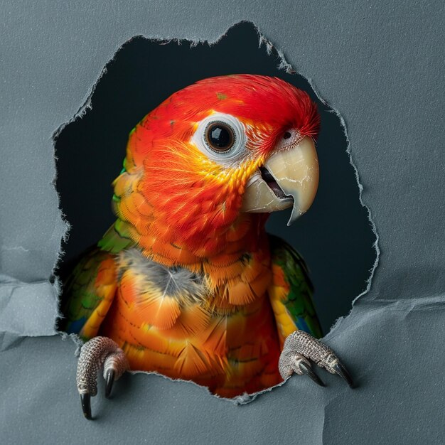 Photo cute toy parrot sticking its head out