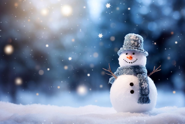 Cute Toy Snowman in Hat and Scarf with Carrot Nose in Soft Snowfall Christmas Background