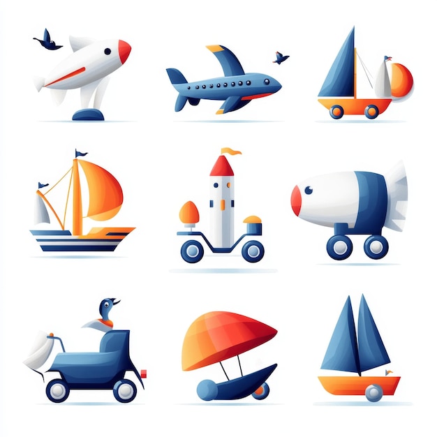 Photo cute toy vehicles airplane boat rocket truck sailboat illustration