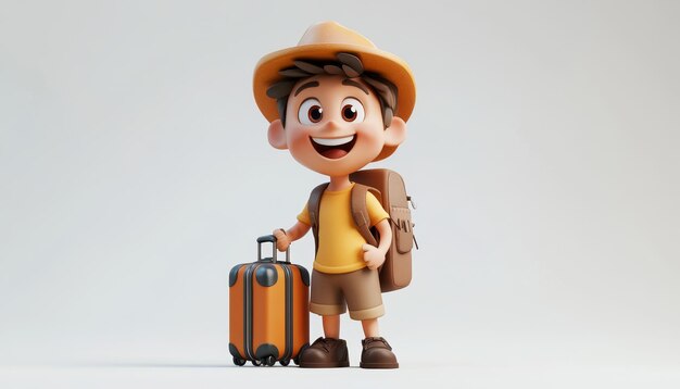 Photo cute traveler character with luggage and happy facial expression