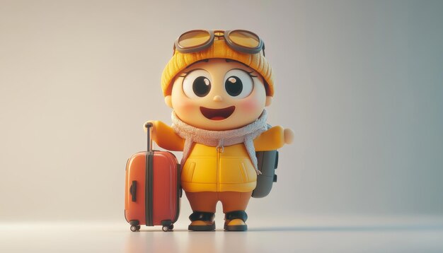 Photo cute traveler character with luggage and happy facial expression