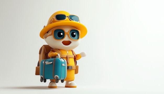 Photo cute traveler character with luggage and happy facial expression