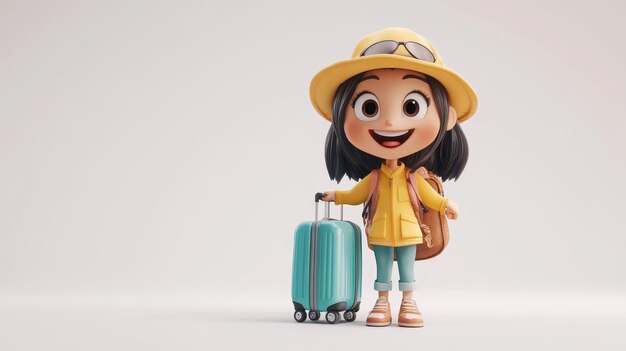 Photo cute traveller character with luggage and happy facial expression