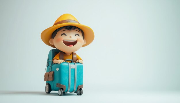 Photo cute traveller character with luggage and happy facial expression