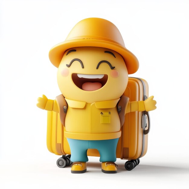 Photo cute traveller character with luggage and happy facial expression