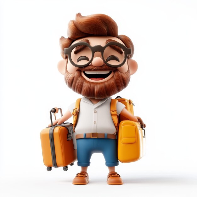 Photo cute traveller character with luggage and happy facial expression