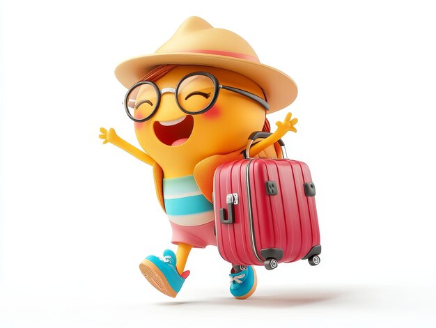 Photo cute traveller character with luggage and happy facial expression