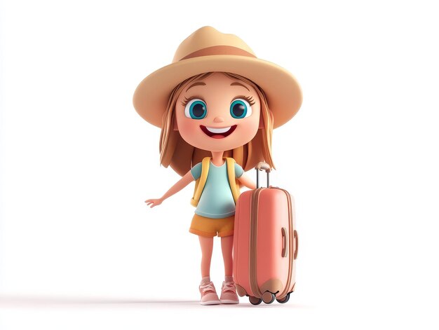 Photo cute traveller character with luggage and happy facial expression