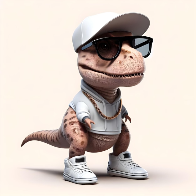 Cute trex in a cap and sunglasses 3D rendering