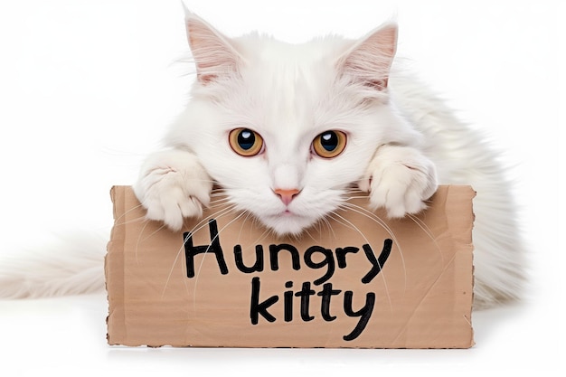 A cute Turkish Angora cat holds a cardboard sign that says Hungry kitty