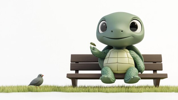 Photo a cute turtle character sitting on a bench enjoying a snack with a bird nearby