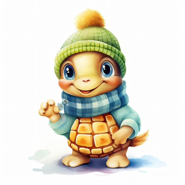 cute turtle wearing hat in winter watercolor paper