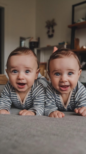 Photo cute twin brothers lying on bed at home