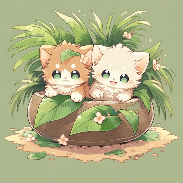 cute twin cat with coconut