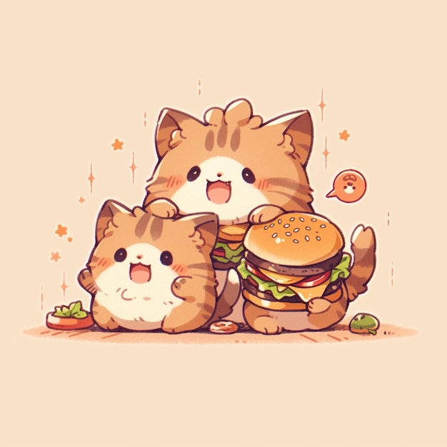 cute twin cat with hamburger