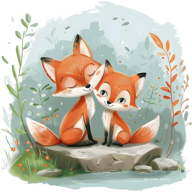 Cute Two Fox Cartoon On The Stone